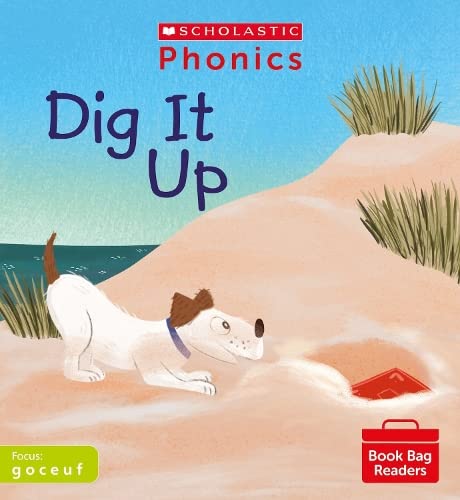 Book cover: dog digging in sand with a red box, blue sky.
