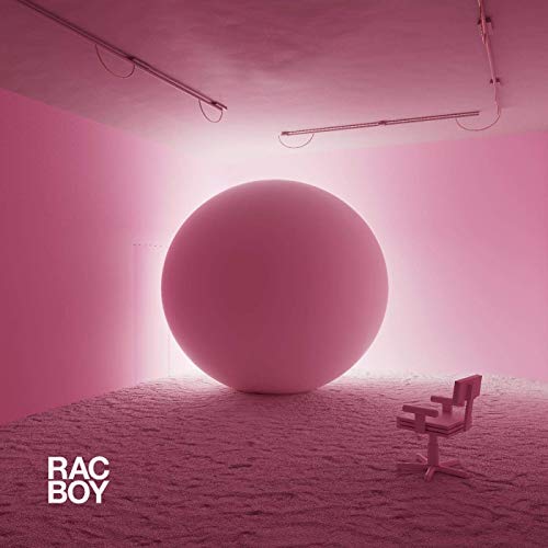 Pink album cover featuring a large sphere, chair, and text “RAC BOY”.
