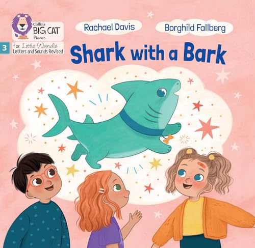 Book cover: a teal shark with a collar, and three children looking up.