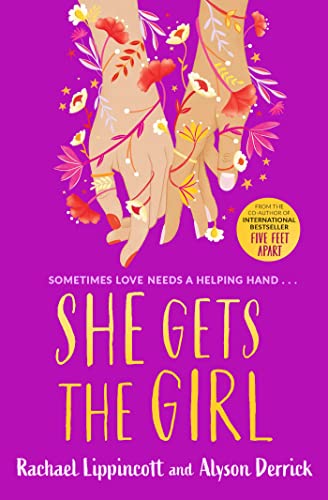 Book cover with two hands reaching toward each other amidst colorful flowers on purple background.