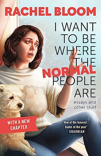 Book cover featuring a woman and a white dog, with bold red text.