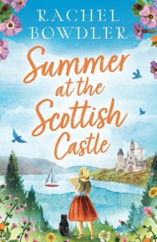 Book cover: woman with black cat looking at a Scottish castle.