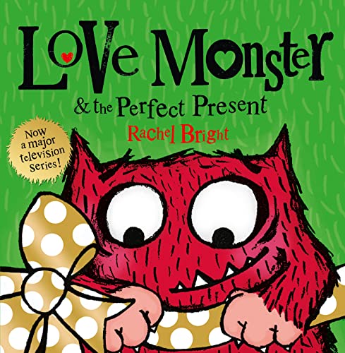 Red, furry monster with big eyes holding a polka-dot present.