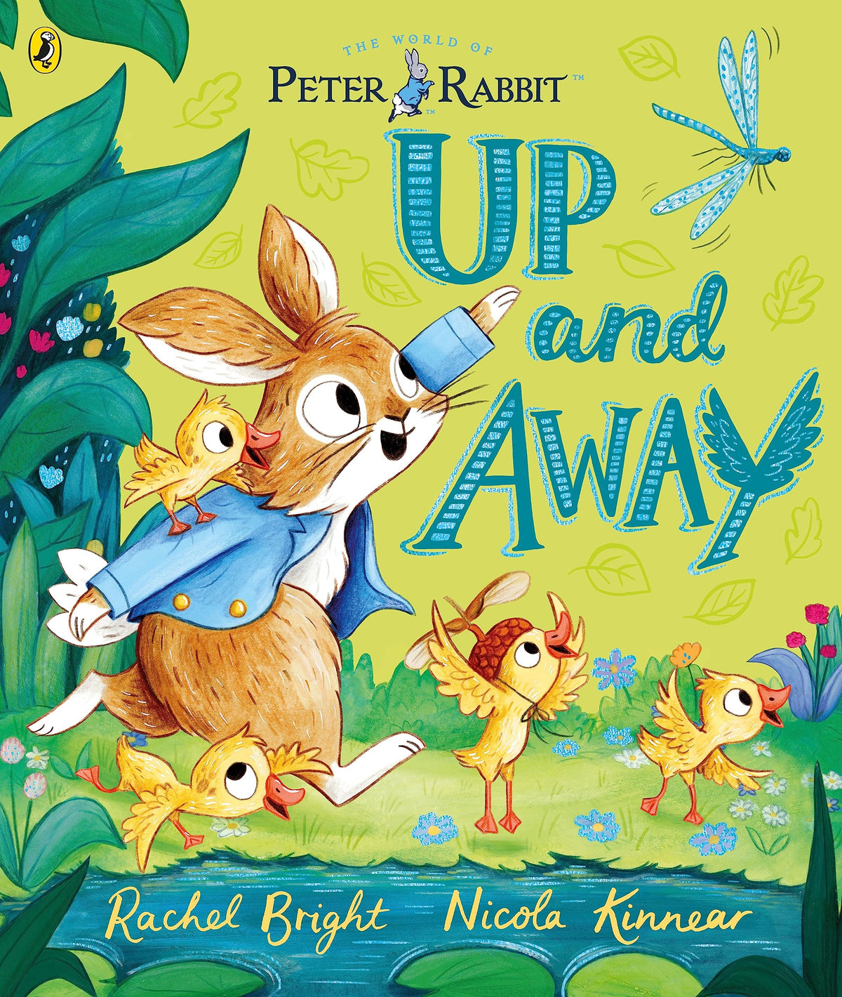 Peter Rabbit flies with a blue balloon and small birds.