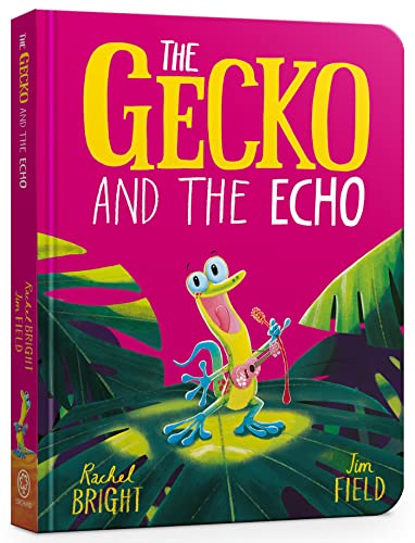 A yellow gecko playing a small guitar on a large leaf against pink background.