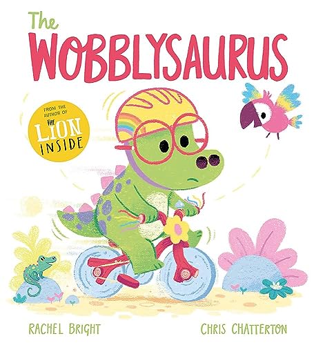 Green dinosaur wearing glasses rides a red bicycle with a parrot.