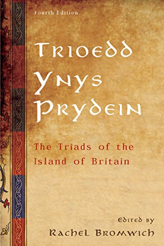 Book cover: "Trioedd Ynys Prydein" with gold lettering on a textured background.