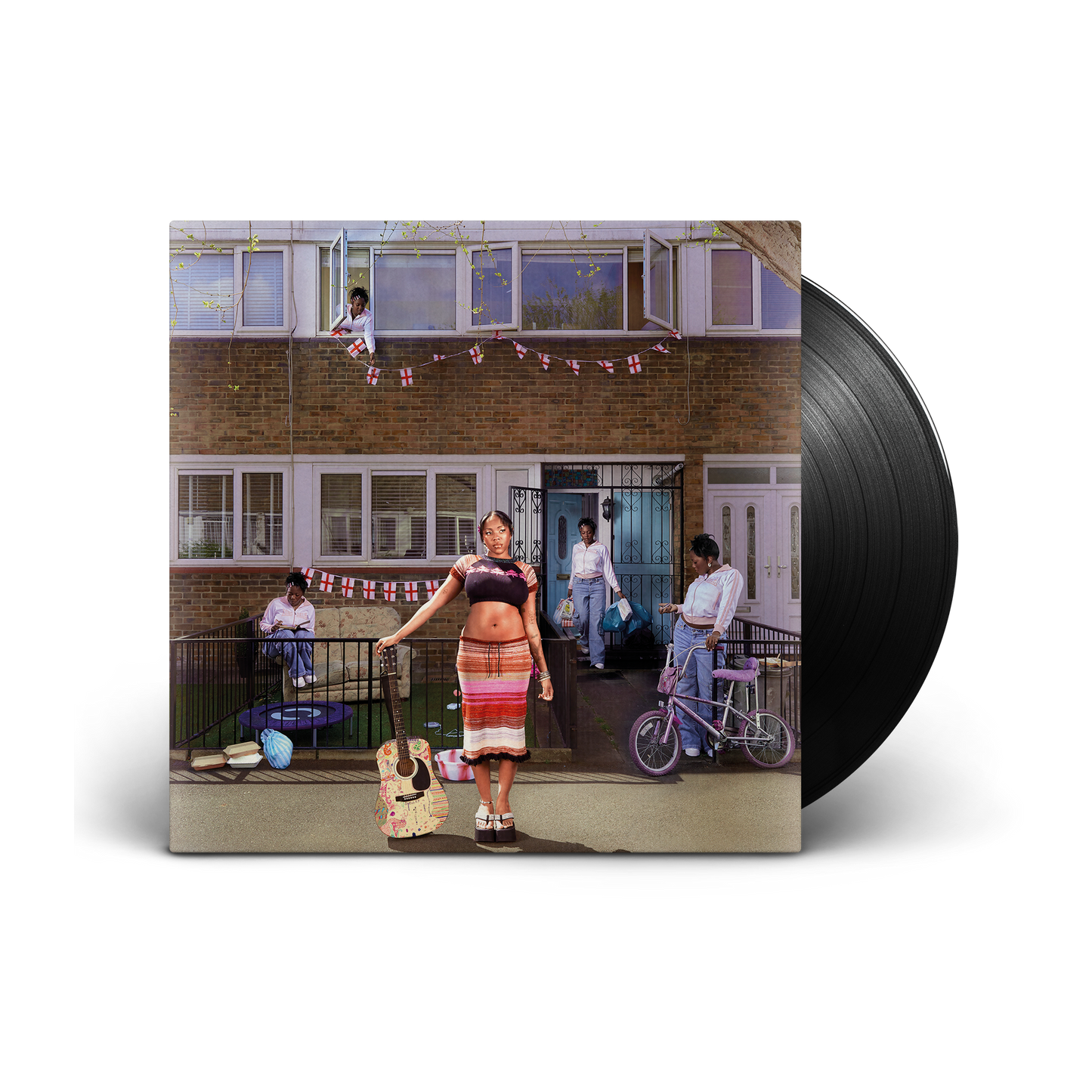 Vinyl record cover featuring a pregnant woman and group outside a building.