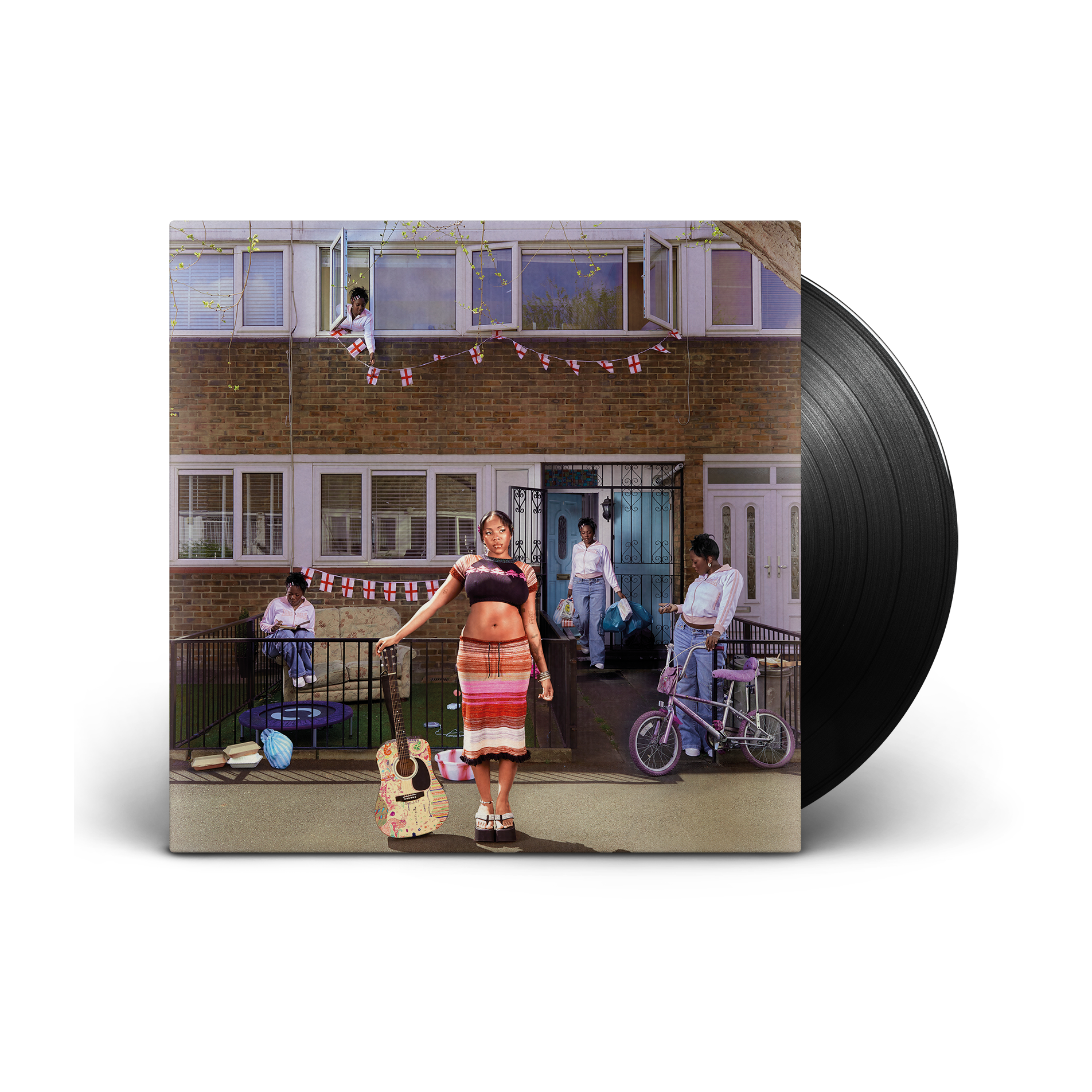 Vinyl record cover featuring a pregnant woman and group outside a building.