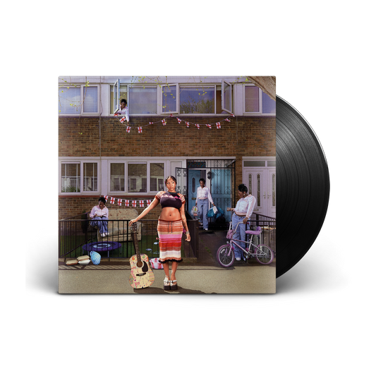 Vinyl record cover featuring a pregnant woman and group outside a building.