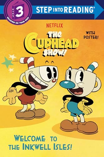 Book cover featuring cartoon characters Cuphead and Mugman on yellow background.