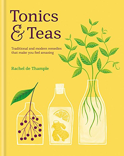 Book cover titled Tonics & Teas with illustrations of herbs and fruit in glass bottles.