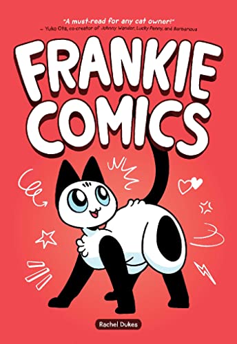 Red book cover with cartoon black and white cat stretching playfully.