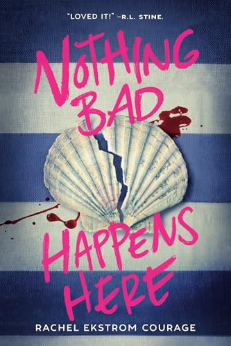 Book cover with pink title, broken seashell, and red splatters.