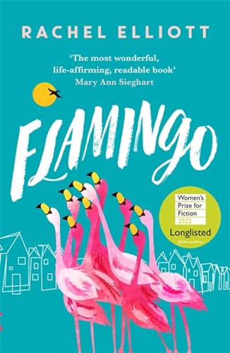 Book cover for "Flamingo" featuring pink flamingos and a yellow sun.