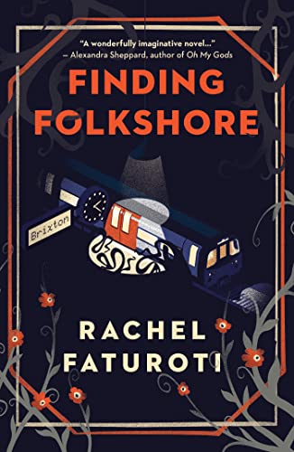 Book cover: “Finding Folkshore” with a train and floral design.