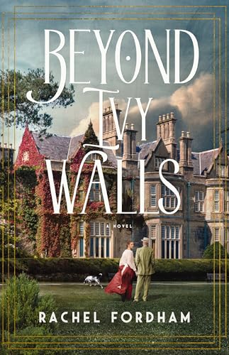 A couple walks on a lawn before a large stone manor covered in ivy.