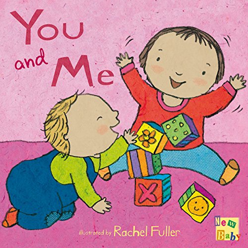 "Children's book cover: two toddlers playing with blocks on a pink background."