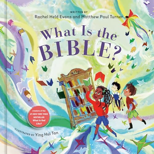Children’s book cover, “What Is the Bible?” with illustrations and colorful designs.