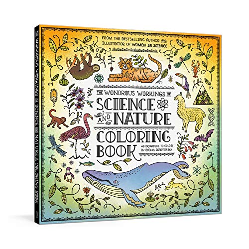 Coloring book cover with detailed illustrations of animals, plants, and scientific diagrams.