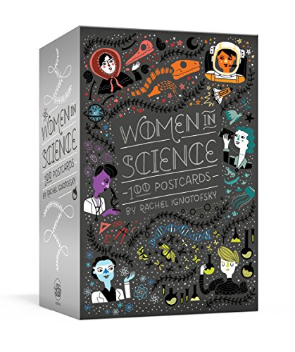Box of postcards featuring illustrated portraits of women in science.
