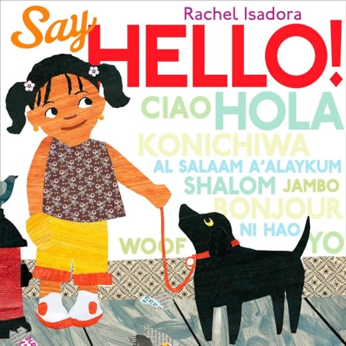 Book cover: girl with dog, greetings in multiple languages.