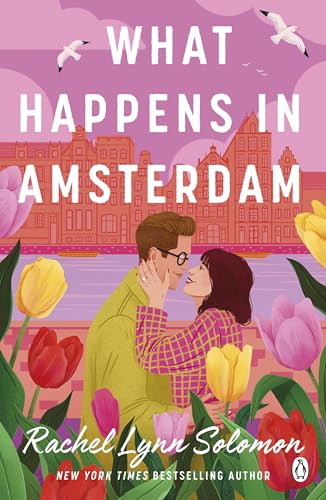 A couple embraces in front of an Amsterdam canal scene surrounded by colorful tulips.