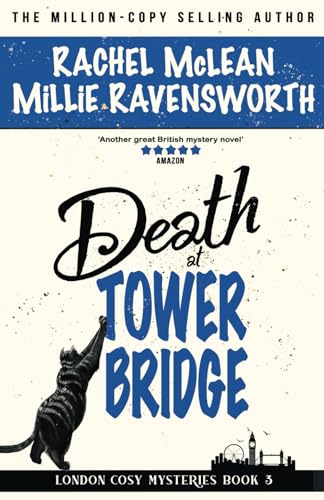 Book cover for Death at Tower Bridge featuring a cat and London skyline silhouette.