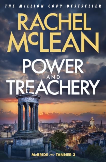 Book cover for Power and Treachery by Rachel McLean featuring a city skyline sunset.