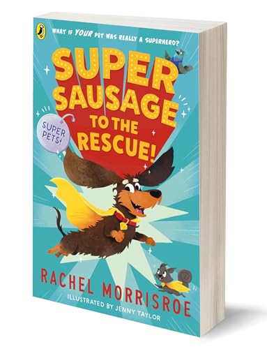 BookCBBook cover featuring a dachshund wearing a yellow superhero cape flying through air.