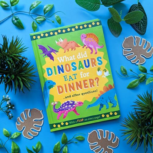 Green children’s book with colorful dinosaur illustrations and a flap design.