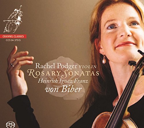 CD cover featuring violinist Rachel Podger and text “Rosary Sonatas”.