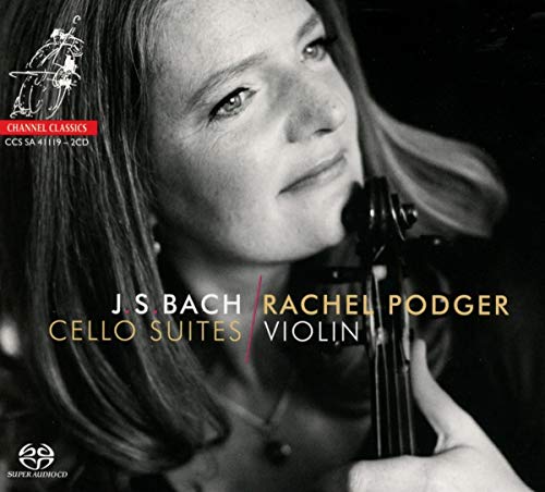 Rachel Podger portrait with violin, album cover for Bach’s Cello Suites.