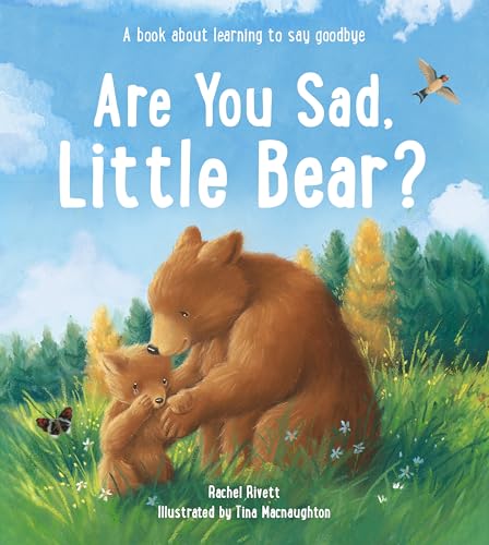 A large brown bear comforts a small, crying bear cub in a grassy meadow.