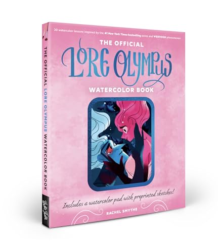 Pink “Lore Olympus Watercolor Book” with illustrated character on cover.