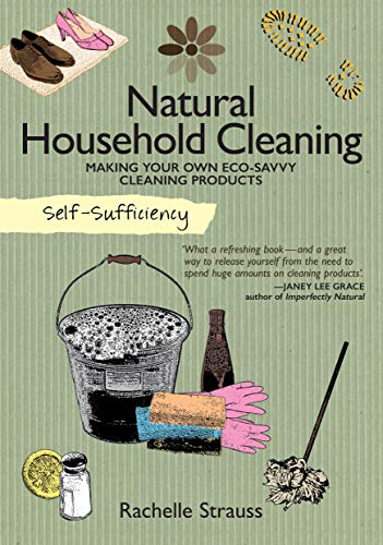 Book cover: "Natural Household Cleaning" with illustrations of cleaning supplies.