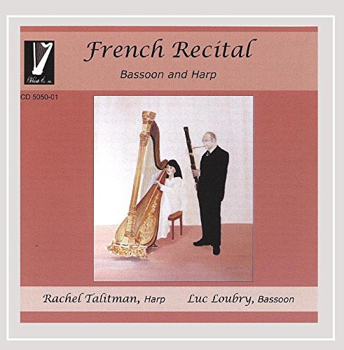 "CD cover with a man playing bassoon and a woman playing harp."