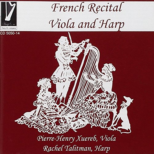 Red CD cover with white illustration of a viola player and harpist.