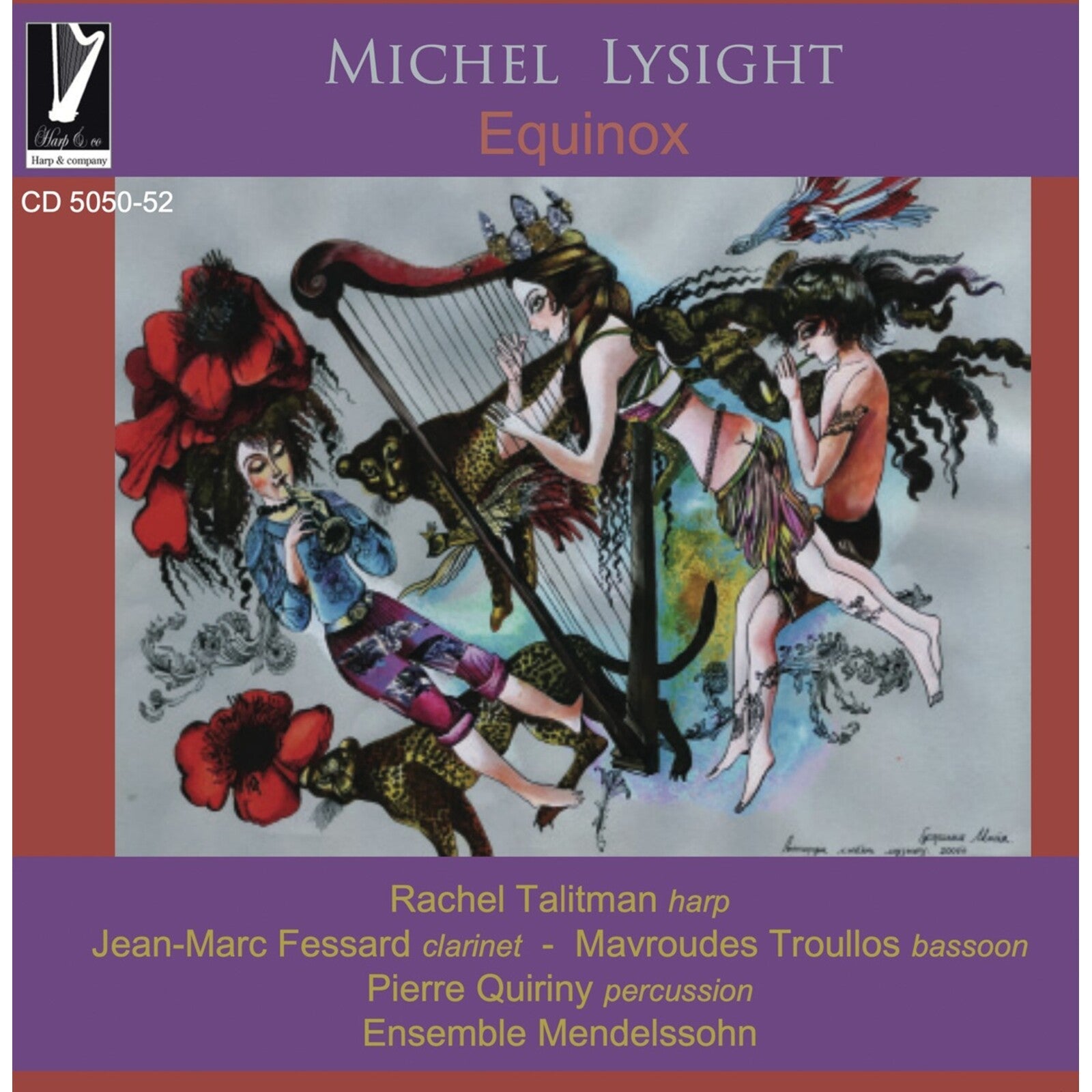 CD cover for “Equinox” by Rachel Talitman, featuring harp and floral art.