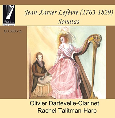 CD cover with illustration of a man and woman playing harp and clarinet.