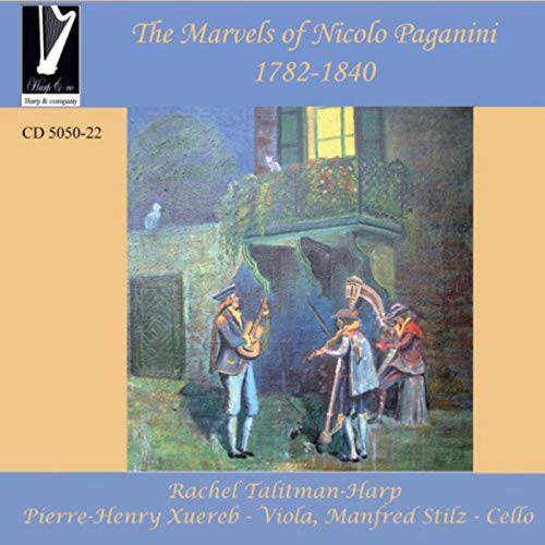 CD cover depicting musicians with violin, viola, and harp before a building.