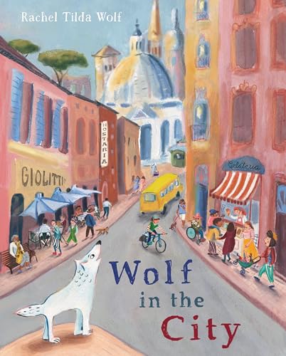 Illustrated book cover: a wolf walks a city street with people.