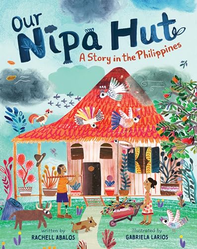 Illustrated book cover featuring a traditional nipa hut, people, animals, and plants.