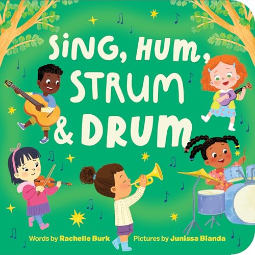 Five diverse children playing various musical instruments against a green background with musical notes.