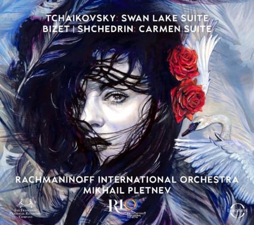 CD cover featuring a woman with dark hair, a swan, and red roses.