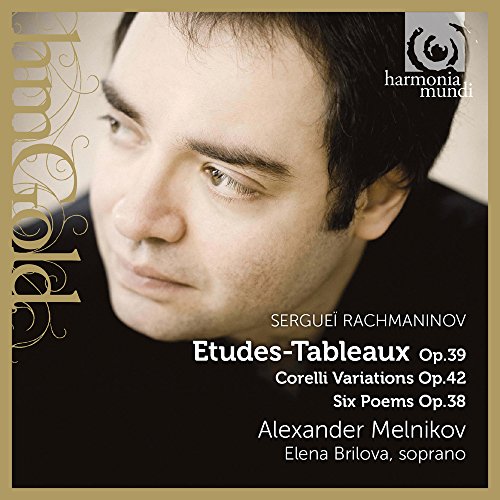 CD cover featuring pianist Alexander Melnikov and text by Rachmaninov.