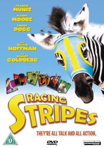 DVD cover for "Racing Stripes" featuring a zebra with racing goggles.
