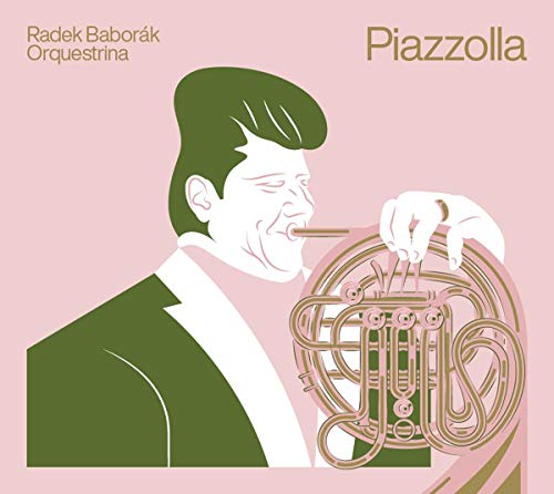 CD cover with a man playing a French horn, pink background, gold text.