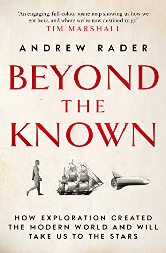 Book cover: “Beyond the Known” with figures of a person, ship, and rocket.