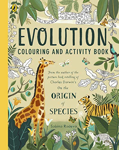Evolution" colouring book cover with giraffe, tiger, and botanical illustrations.